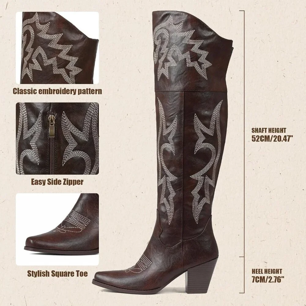 Women Dark Brown Pu Polyurethane Embroidered Pointed Toe Chunky Heels Tall Boots